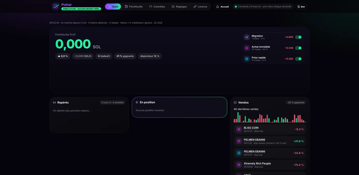 Le panneau de Pulsar : portefeuille, stratégies, tokens repérés, positions et ventes