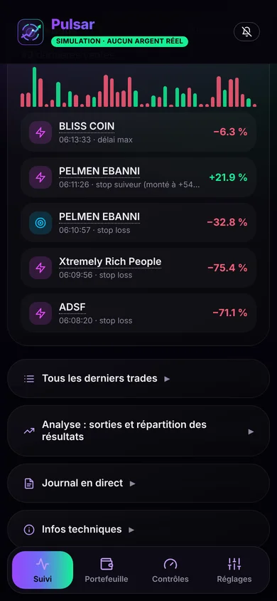 Le panneau de Pulsar sur téléphone